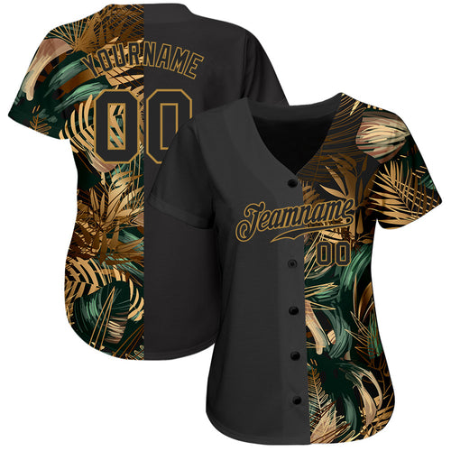 Custom 3D Pattern Design Golden And Green Tropical Leaves In The Style Of And Hawaii Authentic Baseball Jersey hawaiian shirt. Personalized Customized sport uniform