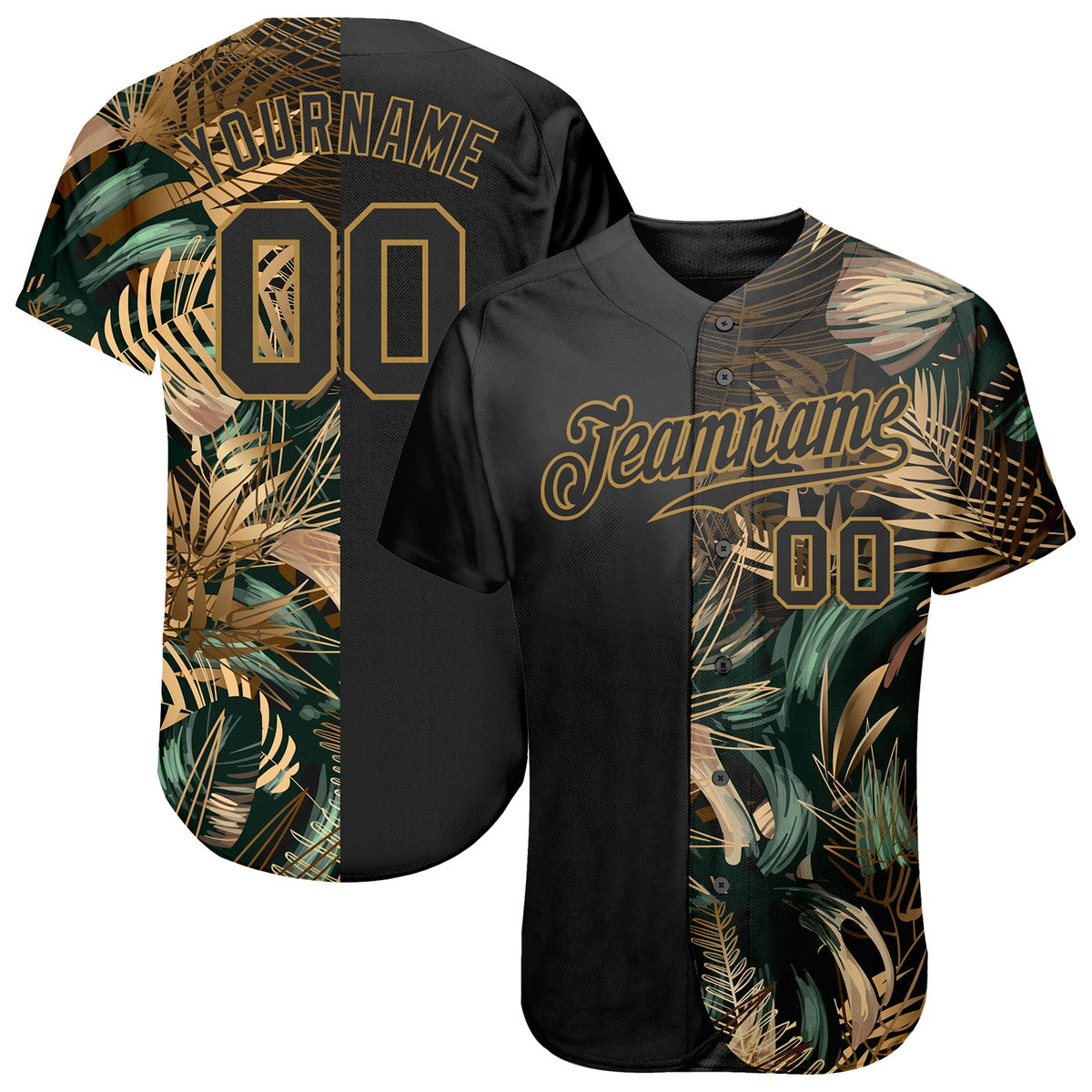Custom 3D Pattern Design Golden And Green Tropical Leaves In The Style Of And Hawaii Authentic Baseball Jersey hawaiian shirt. Personalized Customized sport uniform