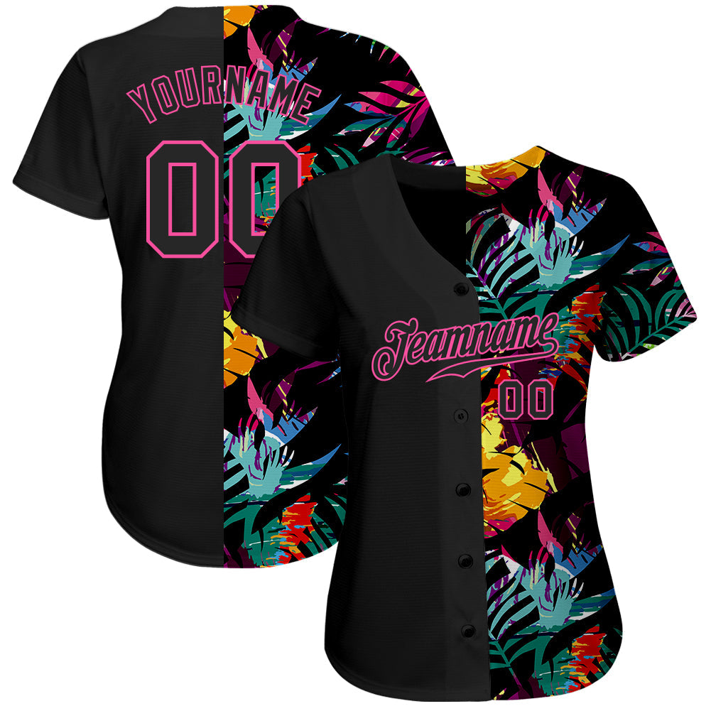 Custom Black Black-Pink 3D Pattern Design Tropical Palm Leaves Authentic Baseball Jersey hawaiian shirt. Personalized Customized sport uniform