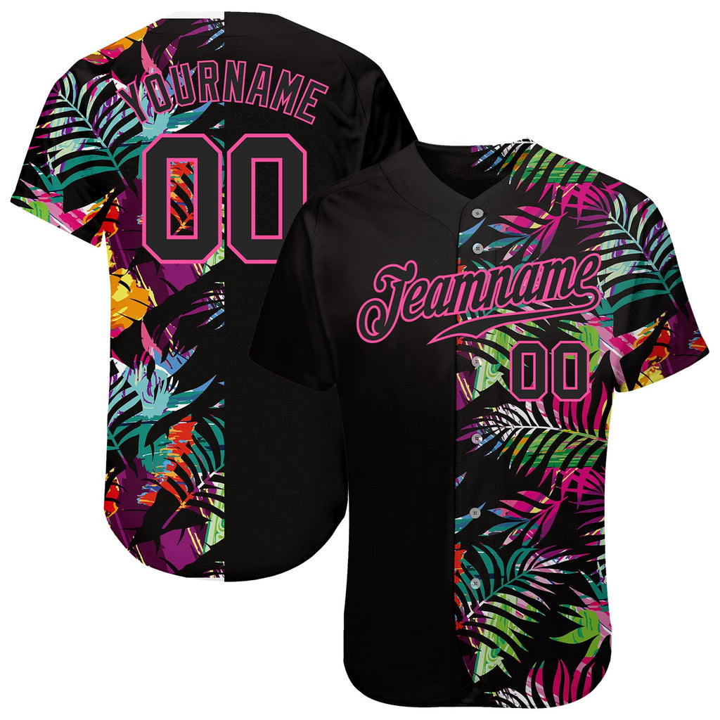 Custom Black Black-Pink 3D Pattern Design Tropical Palm Leaves Authentic Baseball Jersey hawaiian shirt. Personalized Customized sport uniform