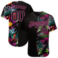 Custom Black Black-Pink 3D Pattern Design Tropical Palm Leaves Authentic Baseball Jersey hawaiian shirt. Personalized Customized sport uniform