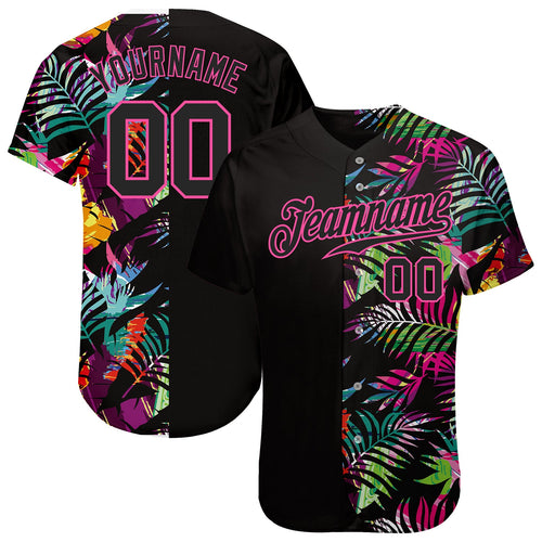 Custom Black Black-Pink 3D Pattern Design Tropical Palm Leaves Authentic Baseball Jersey hawaiian shirt. Personalized Customized sport uniform