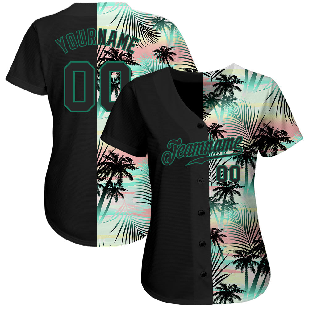 Custom Black Black-Kelly Green 3D Pattern Design Tropical Palm Leaves Authentic Baseball Jersey hawaiian shirt. Personalized Customized sport uniform