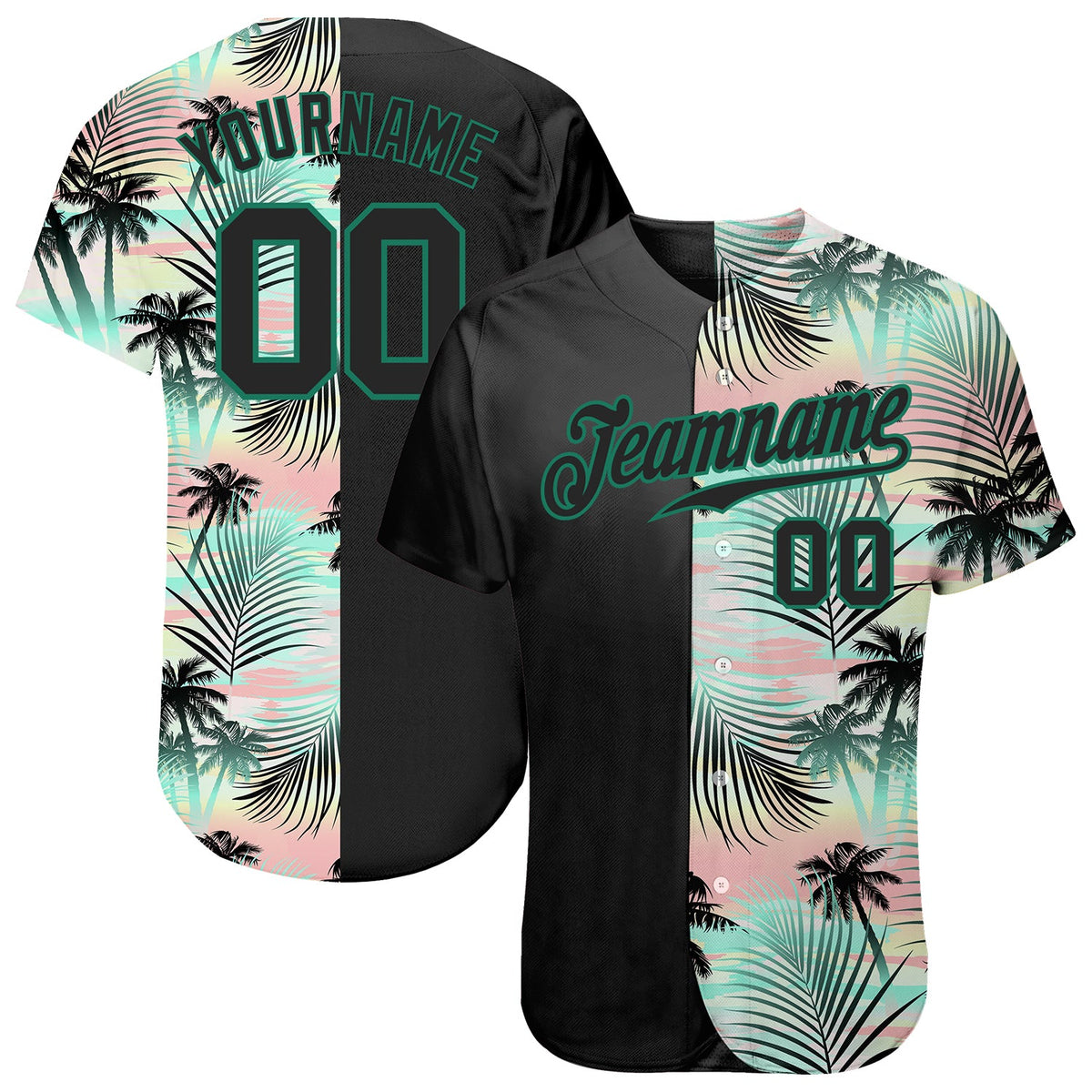 Custom Black Black-Kelly Green 3D Pattern Design Tropical Palm Leaves Authentic Baseball Jersey hawaiian shirt. Personalized Customized sport uniform