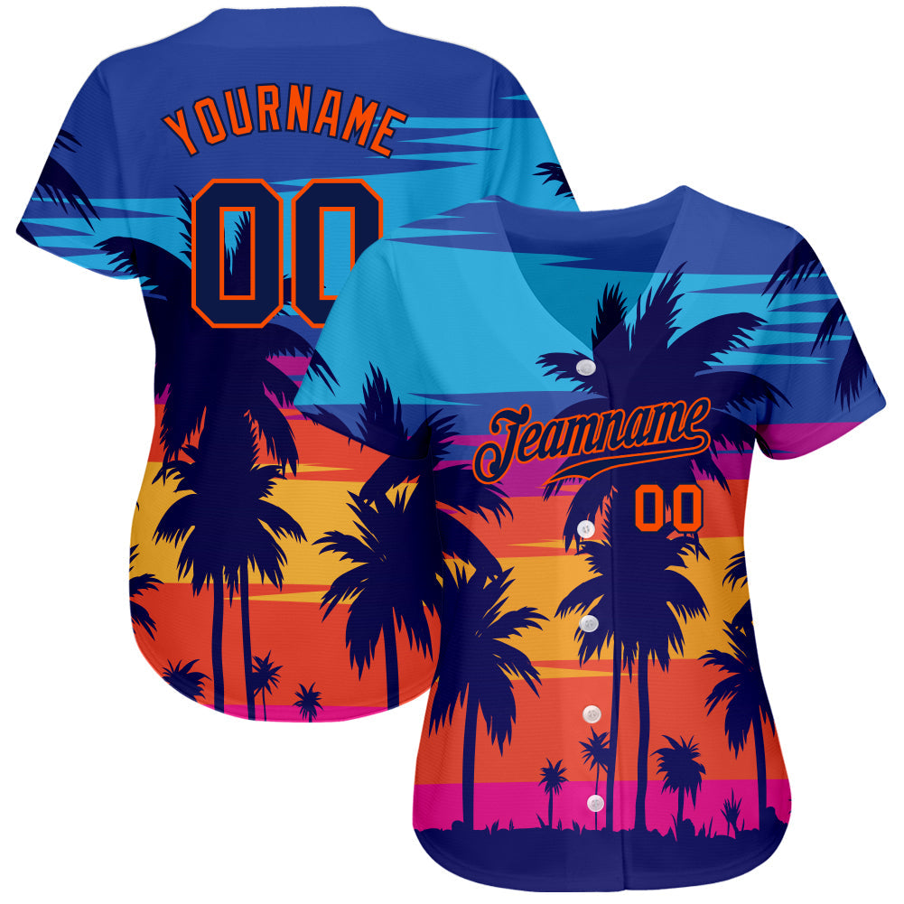 Custom Royal Navy-Orange 3D Pattern Design Palm Trees Authentic Baseball Jersey hawaiian shirt. Personalized Customized sport uniform