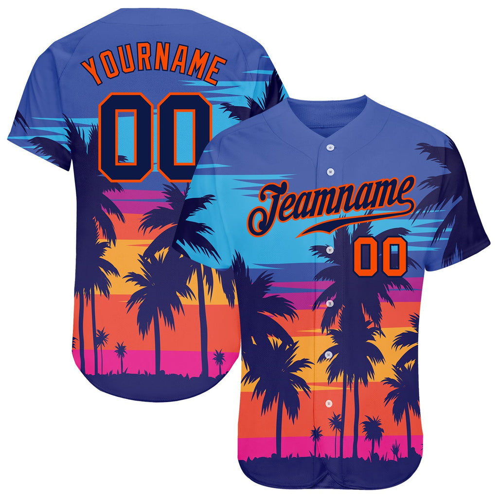 Custom Royal Navy-Orange 3D Pattern Design Palm Trees Authentic Baseball Jersey hawaiian shirt. Personalized Customized sport uniform