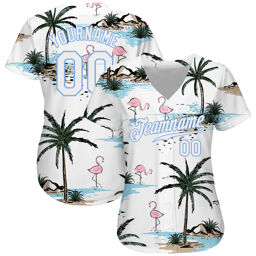 Custom White White-Light Blue 3D Pattern Design Hawaii Palm Trees Authentic Baseball Jersey hawaiian shirt. Personalized Customized sport uniform