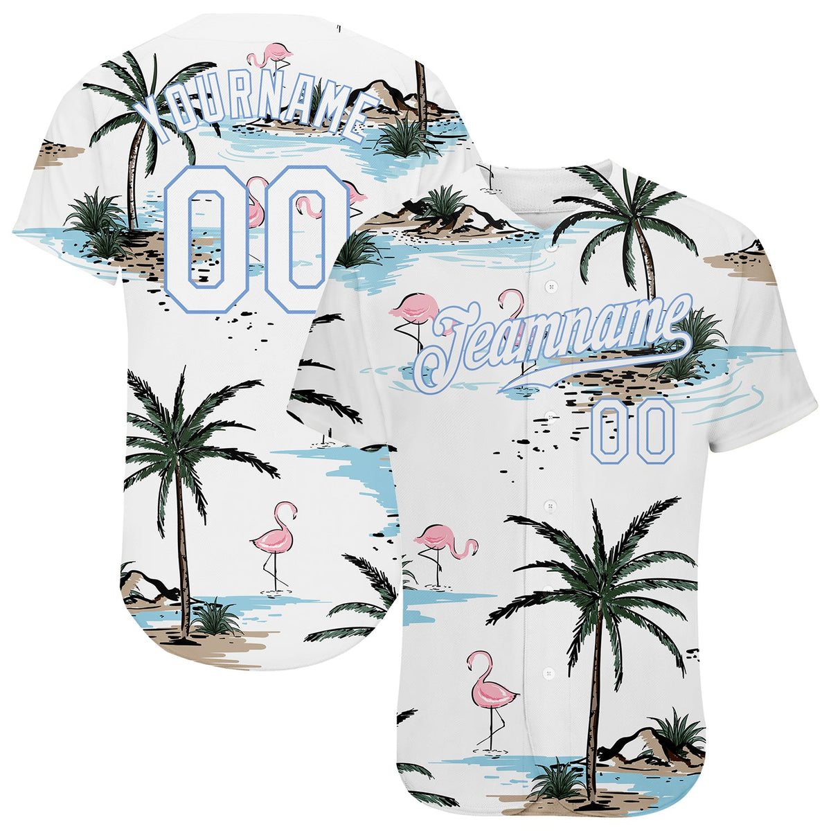 Custom White White-Light Blue 3D Pattern Design Hawaii Palm Trees Authentic Baseball Jersey hawaiian shirt. Personalized Customized sport uniform