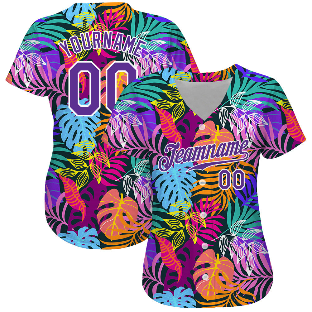 Custom White Purple-White 3D Pattern Design Hawaii Palm Trees Authentic Baseball Jersey hawaiian shirt. Personalized Customized sport uniform