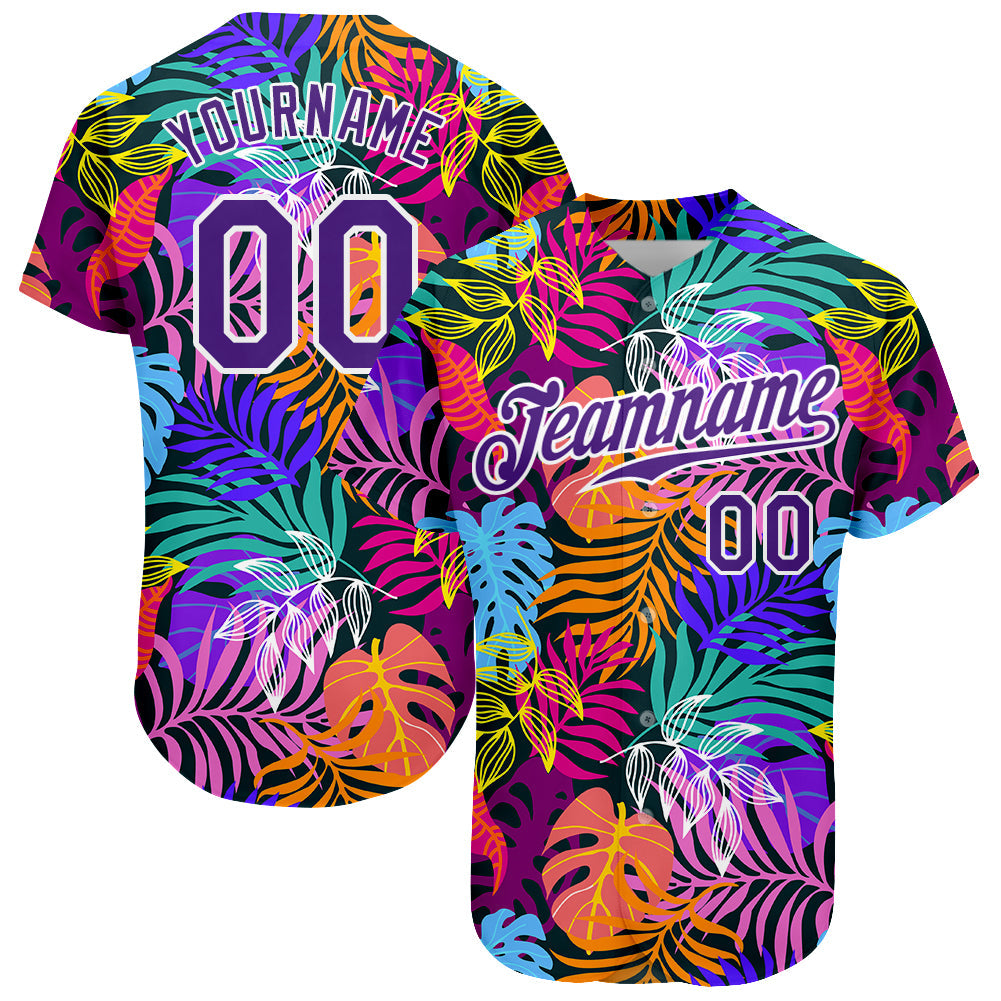 Custom White Purple-White 3D Pattern Design Hawaii Palm Trees Authentic Baseball Jersey hawaiian shirt. Personalized Customized sport uniform